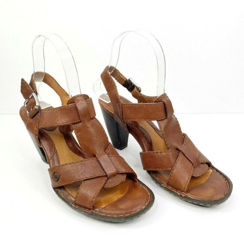 Born Open Toe T Strap Sandals 7 Brown Leather